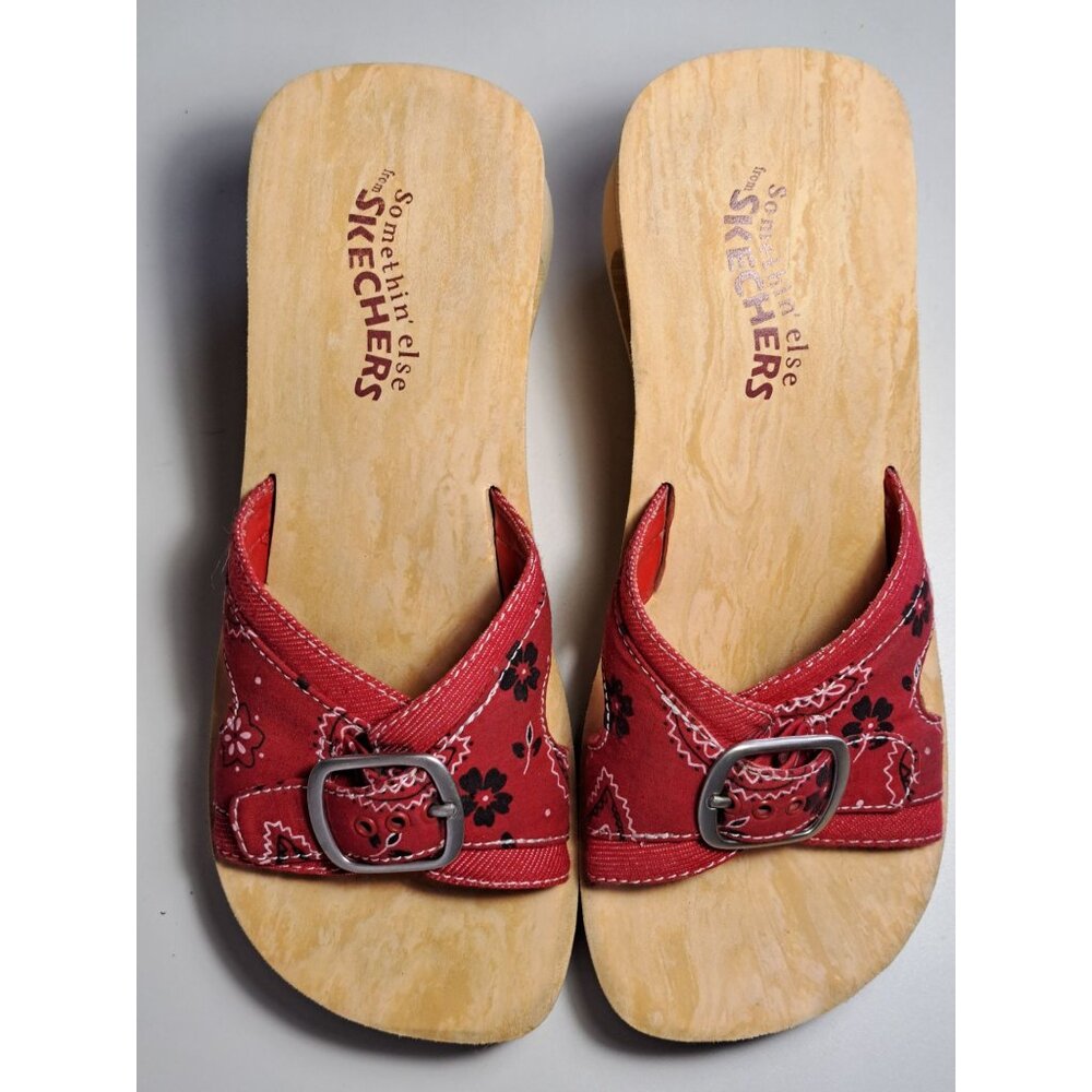 Skechers Somethin Else Bandana Red & Black Women US 8 Wooden Platform Sandal - Picture 5 of 12